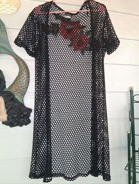 Black Fishnet Cover-Up with Floral Detail
